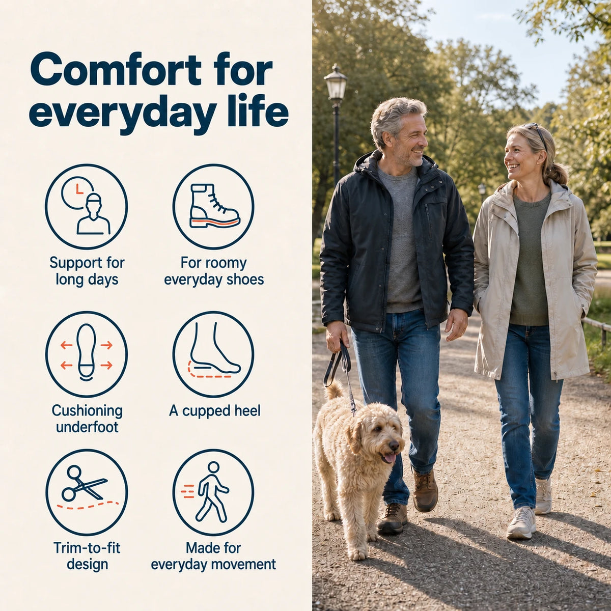 Ortavio ArcCore everyday comfort features and a couple walking outdoors