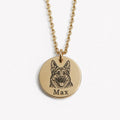 WoofCharm gold pet portrait necklace engraved with Max