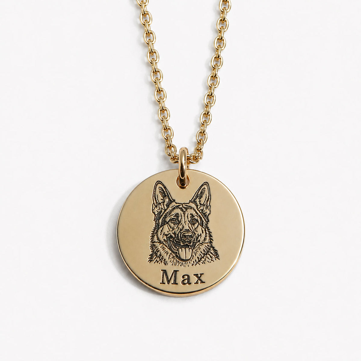 WoofCharm gold pet portrait necklace engraved with Max
