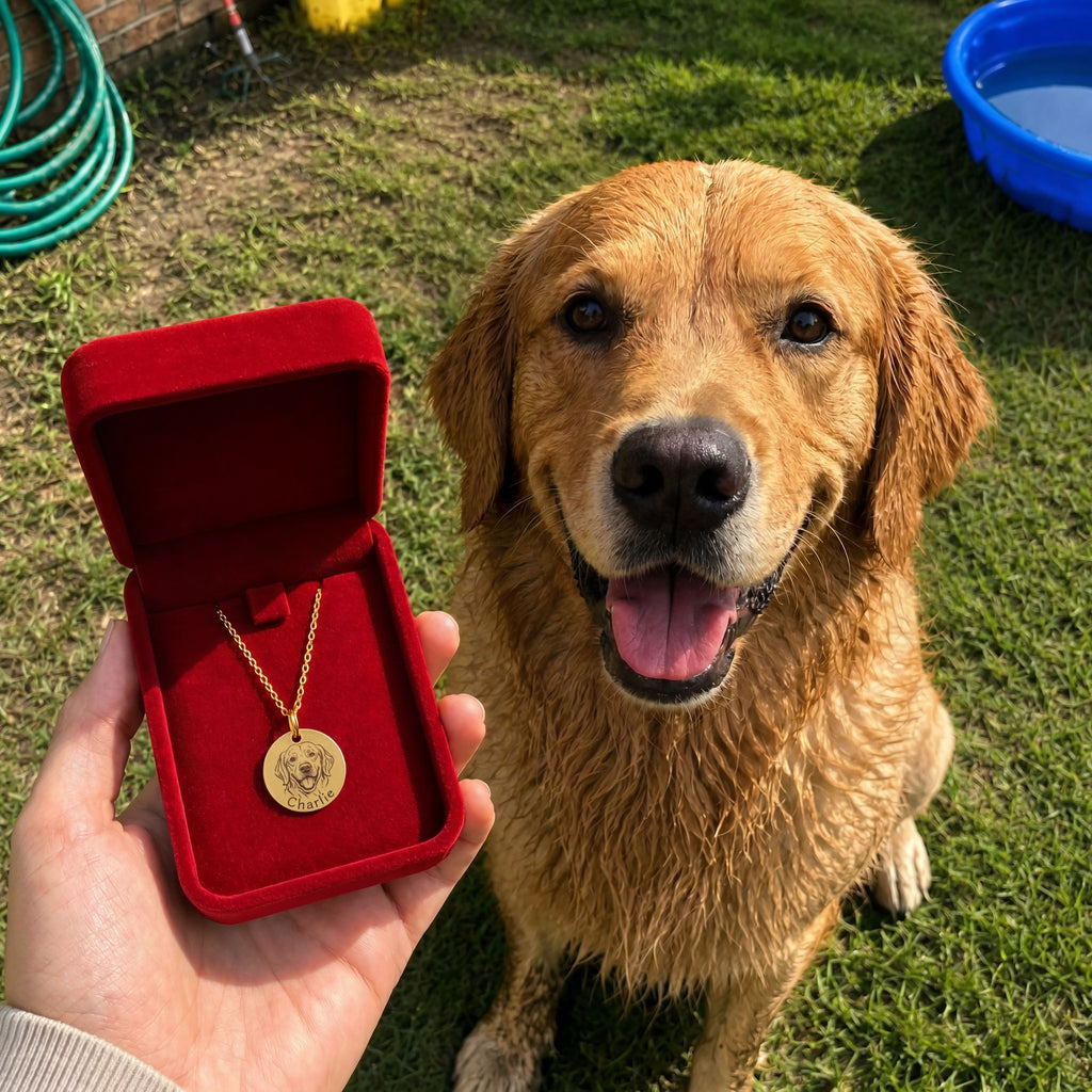 Golden retriever beside its personalized WoofCharm necklace